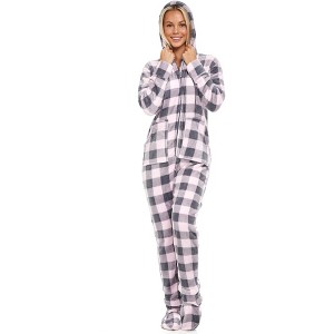 ADR Women's Plush Fleece One Piece Hooded Footed Zipper Pajamas, Soft Adult Jumpsuit PJs with Hood - 1 of 4