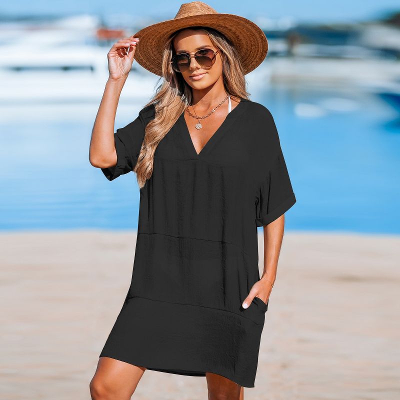Women's Black Drop Shoulder Short Sleeve Mini Cover-Up Dress - Cupshe, 3 of 6