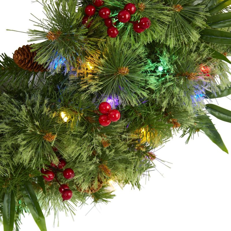 Nearly Natural 24” Mixed Pine Artificial Christmas Wreath with 50 Multicolored LED Lights, Berries and Pine Cones, 3 of 6