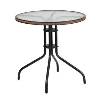 Emma and Oliver 28" Round Tempered Glass Metal Table with Rattan Edging