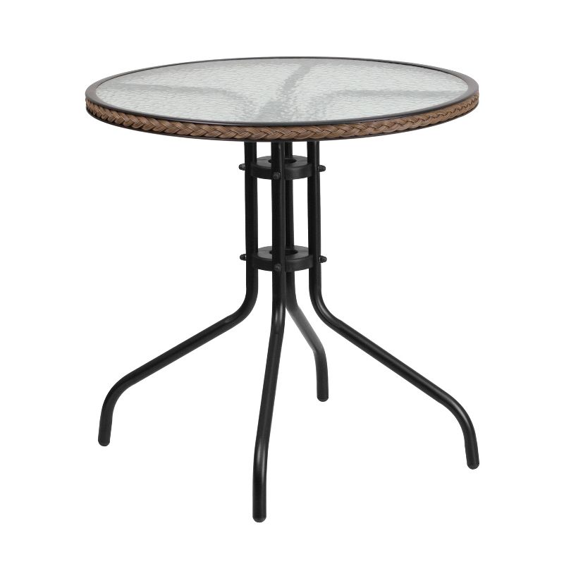 Emma and Oliver 28" Round Tempered Glass Metal Table with Rattan Edging, 1 of 4