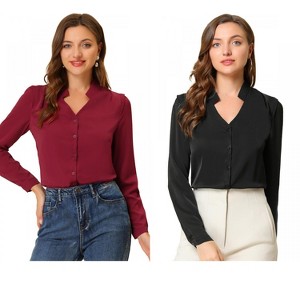 INSPIRE CHIC Women's Elegant V Neck Work Office Button Up Shirt 2 Packs - 1 of 4