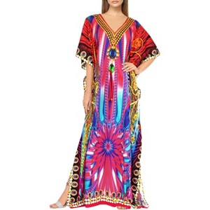 LA LEELA Women's House Daily Routine Evening Wear Loungewear Maxi Kaftan Casual Long Slit Dress Caftansuit Coverup for Women One Size Multi,Floral - 1 of 4
