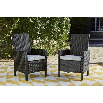 Gray Wicker Outdoor Arm Chairs with Cushions, Set of 2