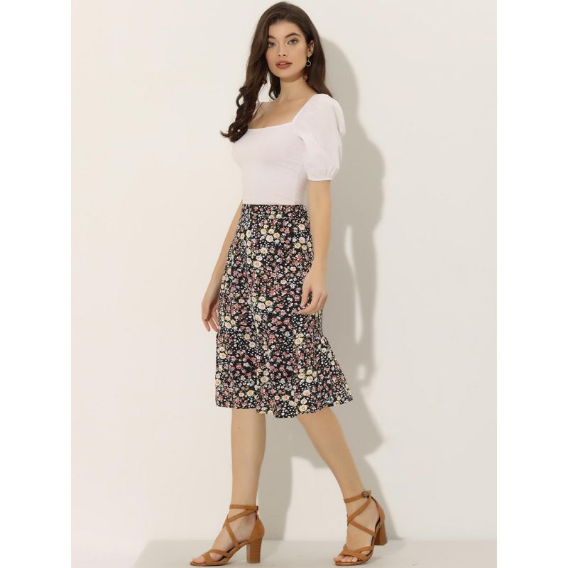 Allegra K Women's Floral Print Ruffle Hem High Elastic Waist Casual A-Line Midi Skirt, 2 of 6
