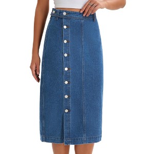INSPIRE CHIC Women's Denim High Waisted Button Up Casual Slit Midi Skirt - 1 of 4