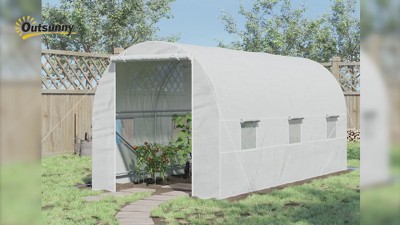 Outsunny White Steel Frame Walk-In Tunnel Greenhouse with Roll-Up Door