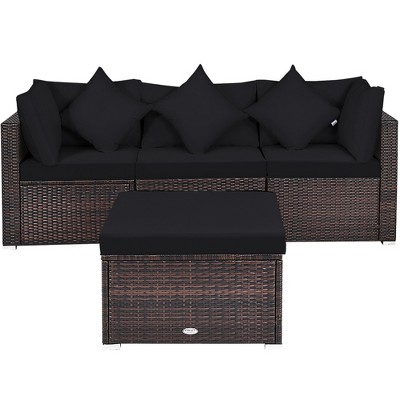 Tangkula 4PCS Rattan Patio Conversation Furniture Set Yard Outdoor w/ Black Cushion