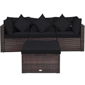 Tangkula 4PCS Rattan Patio Conversation Furniture Set Yard Outdoor w/ Black Cushion - 1 of 4