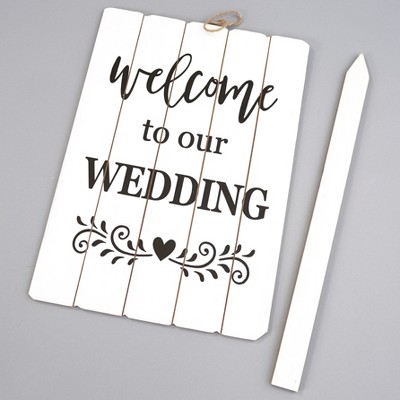 Lakeside Welcome to our Wedding Slatted Wood Sign with Removable Stake