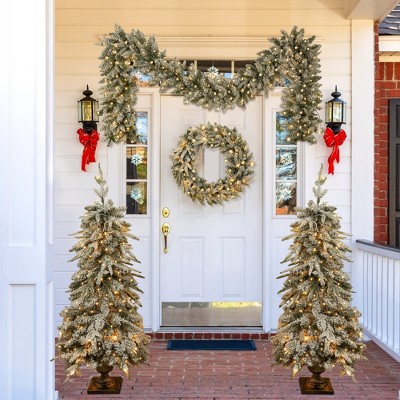 Whisen 4-Piece Pre-Lit Artificial Christmas Tree Set with Double 4FT Entryway Trees, 1.64FT Wreath, and 8.85FT Garland - Green