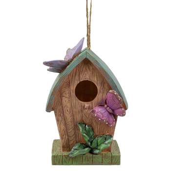 Northlight 10" Brown and Green Hanging Birdhouse with Butterflies Outdoor Garden Decor