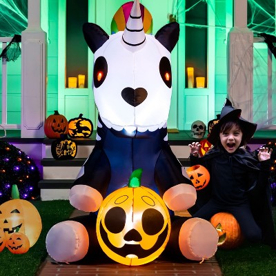 Joyfy 5 FT Halloween Inflatables Outdoor Decoration, Inflatable Sitting Skeleton Unicorn with LEDs for Halloween Party Outside Yard Garden Decorations