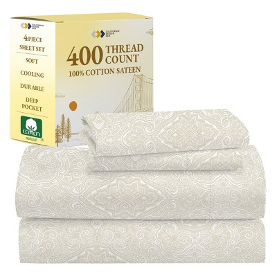 Cotton Sheets Set - Softest 400 Thread Count Bed Sheets, 100% Cotton Sateen, Cooling, Deep Pocket by California Design Den