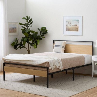 King Natural Wood and Upholstered Platform Bed with Headboard