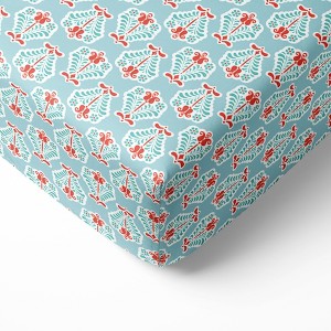 Bacati - Florette Printed Coral Aqua 100 percent Cotton Universal Baby US Standard Crib or Toddler Bed Fitted Sheet - 1 of 4