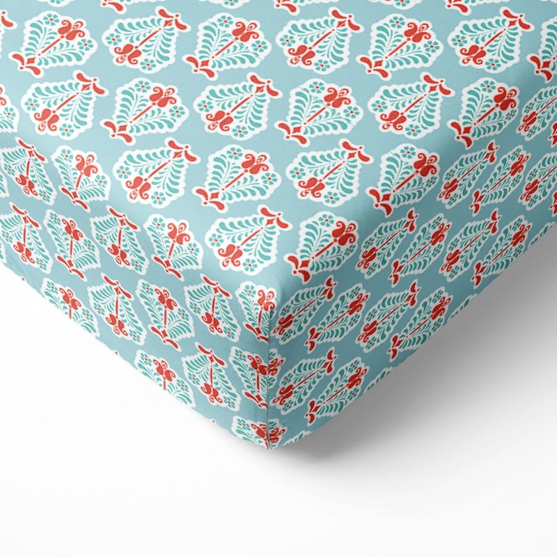 Bacati - Florette Printed Coral Aqua 100 percent Cotton Universal Baby US Standard Crib or Toddler Bed Fitted Sheet, 1 of 7