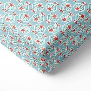 Bacati - Florette Printed Coral Aqua 100 percent Cotton Universal Baby US Standard Crib or Toddler Bed Fitted Sheet