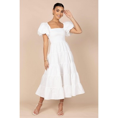 Annette Puff Sleeve Shirred Midi Dress - White - Petal & Pup USA