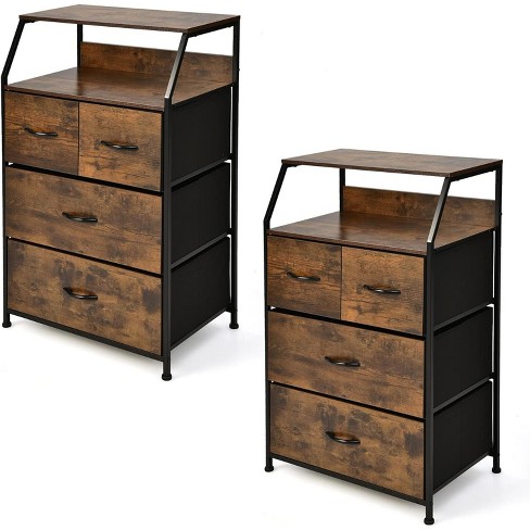 Tangkula 4 Drawer Dresser for Bedroom Set of 2 Industrial End Table with  Sturdy Steel Frame Dresser Storage Tower with 4 Foldable Fabric Drawers