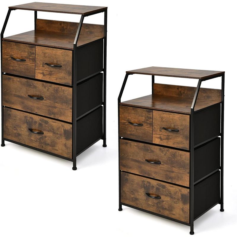 Tangkula 4 Drawer Dresser for Bedroom Set of 2 Industrial End Table with Sturdy Steel Frame Dresser Storage Tower with 4 Foldable Fabric Drawers, 1 of 10