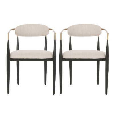 Beige Upholstered Iron Dining Arm Chairs with Slat Back, Set of 2