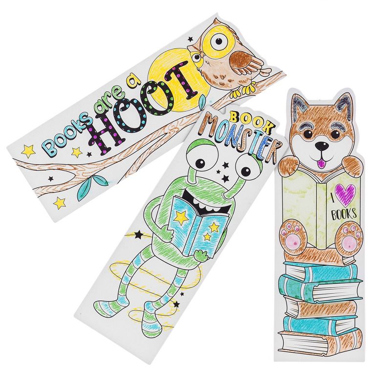 Juvale 24 Pack Color Your Own Bookmarks for Kids, Students, DIY Classroom Art, 24 Cute Book Worm Designs, 2 x 6 In, 4 of 8