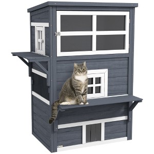 PawHut 3-Story Cat House Feral Cat Shelter, Outdoor Kitten Condo with Raised Floor, Asphalt Roof, Escape Doors, Jumping Platforms - 1 of 4