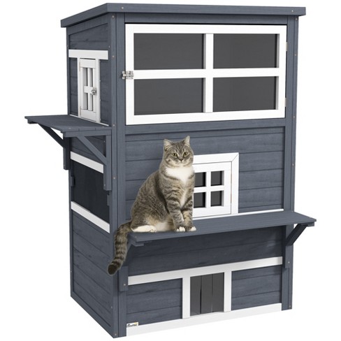 Pawhut 3-story Cat House Feral Cat Shelter, Outdoor Kitten Condo With ...