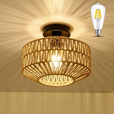 3-Lights Semi-Flush Ceiling Lights,Bohemian Rattan Flush Mount Light, Bulbs Not Included-The Pop Home