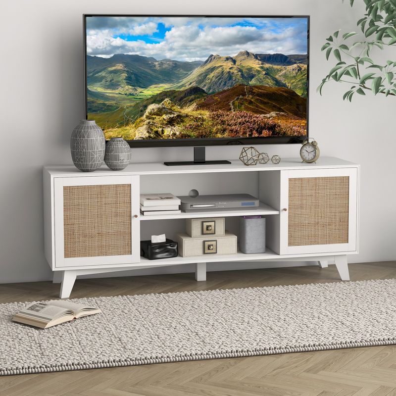 HOMCOM TV Stand Cabinet for TVs up to 65", Boho Entertainment Center with Rattan Doors, Adjustable Shelves and Cable Holes for Living Room, White, 3 of 7