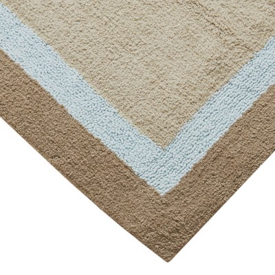 Blue Cotton Tufted Bath Rug with Border Design, 27" x 45"