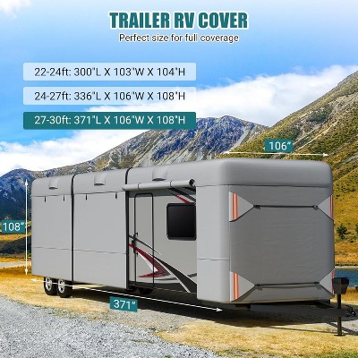 Heavy Duty RV Cover for Travel Trailers, Waterproof Windproof UV-Resistant Camper Cover with Vent Ports, Elastic Straps, Dual Zipper Doors