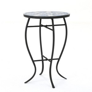 FONTOI End Table with Round Tabletop, Side Table with Mosaic-style Pattern for Home Bedroom Living Room Patio, White&Blue, 13.75"*21.4"*13.75" - 1 of 4