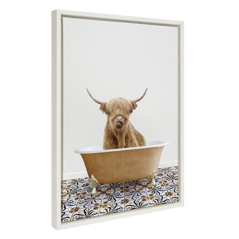 Kate And Laurel Sylvie Highland Cow In Mediterranean Bath Framed Canvas ...