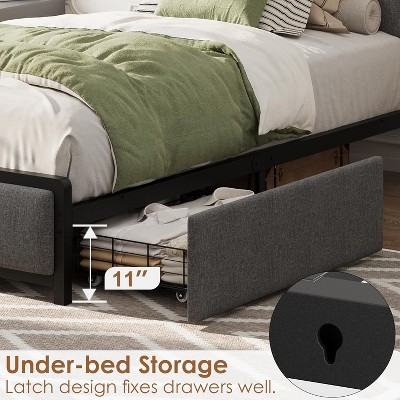 Twin Bed Frame with Storage Drawers and Headboard Charging Station, Upholstered Platform Bed for Kids, Boys, Girls, No Box Spring Needed