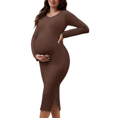INSPIRE CHIC Womens Maternity Dress Split Bodycon Wedding Guest Cocktail Henley Button Midi Long Sleeve Pregnancy Dresses