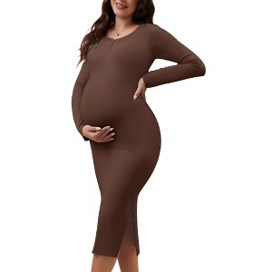 INSPIRE CHIC Womens Maternity Dress Split Bodycon Wedding Guest Cocktail Henley Button Midi Long Sleeve Pregnancy Dresses - 1 of 4