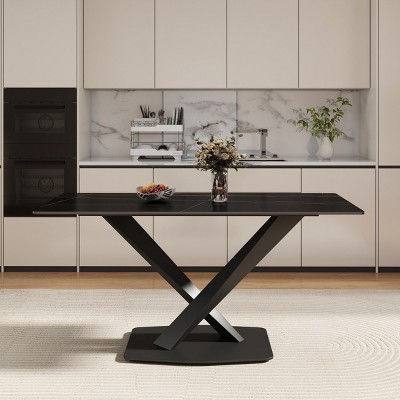 63" Modern Rectangular Dining Table for 6,Sintered Stone Top with Black Metal X-Leg Base-Maison Boucle
