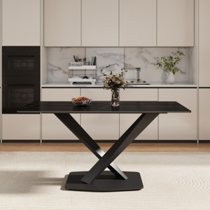 63" Modern Rectangular Dining Table for 6,Sintered Stone Top with Black Metal X-Leg Base-Maison Boucle - 1 of 4