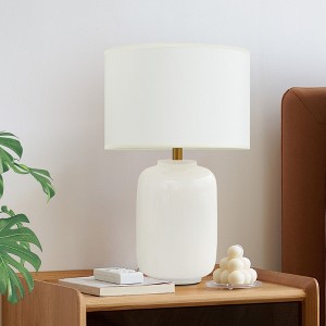 POWLIG 19.2" White Ceramic Farmhouse Table Lamp with Linen Shade – Decorative Accent Lighting for Bedroom, Living Room & Office - 1 of 4