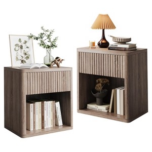 Stand Set of 2, Modern Farmhouse Nightstand, Fluted Nightstand with Drawer Storage, Mid Century Wood Bedside Table for Bedroom Living Room Sofa Office - 1 of 4