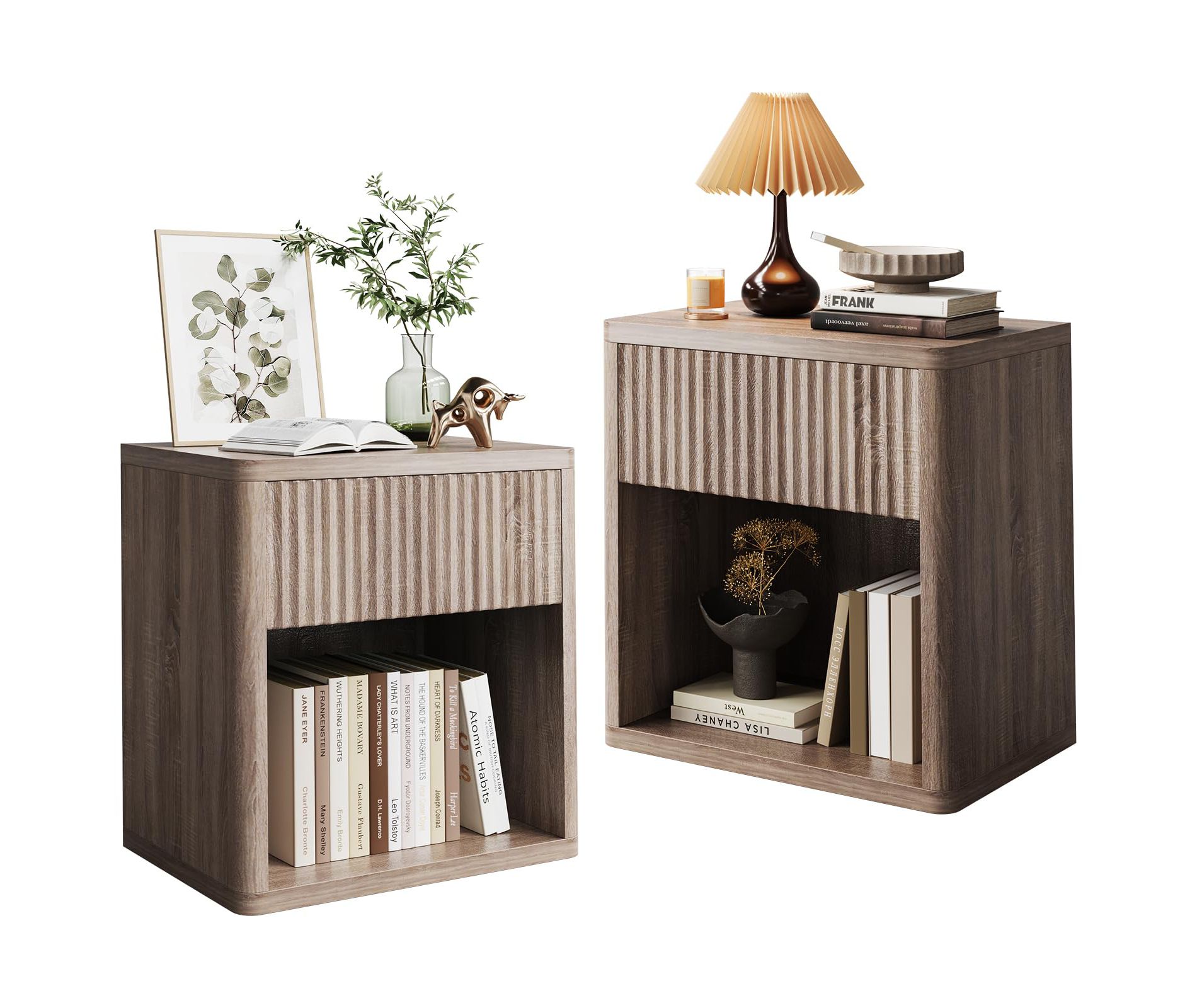 Stand Set of 2, Modern Farmhouse Nightstand, Fluted Nightstand with Drawer Storage, Mid Century Wood Bedside Table for Bedroom Living Room Sofa Office