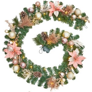 9 ft Pre-Lit Christmas Garland with Lights, Battery Operated, Rose Gold Ball Ornaments, for Mantel, Stairs, Railing, Fireplace, Table, Indoor/Outdoor - 1 of 4