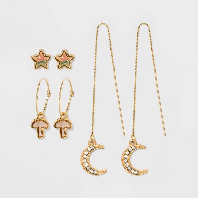 Trio Gold Star Mushroom Moon Threader Stud Earring Set - Wild Fable™ Gold