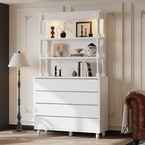 Famapy White Vintage Display Cabinet with Open Tempered Glass Shelves & LED Lighting,4-Drawer Dresser,Multi-Storage Bookcase for Living Room & Bedroom - 1 of 4