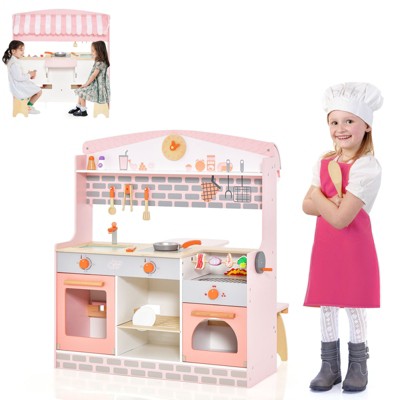 Infans 2 in 1 Kids Play Kitchen & Restaurant Double-Sided Pretend Playset with Canopy