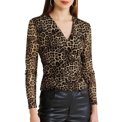 Allegra K Women's V Neck Long Sleeve Stretchy Slim Fit Party Club Leopard Wrap Shirt