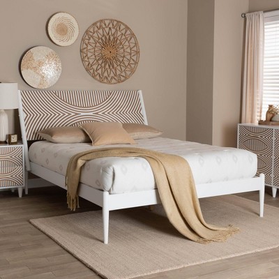 Baxton Studio Louetta Platform Bed with Carved Contrasting Headboard White/Natural Brown