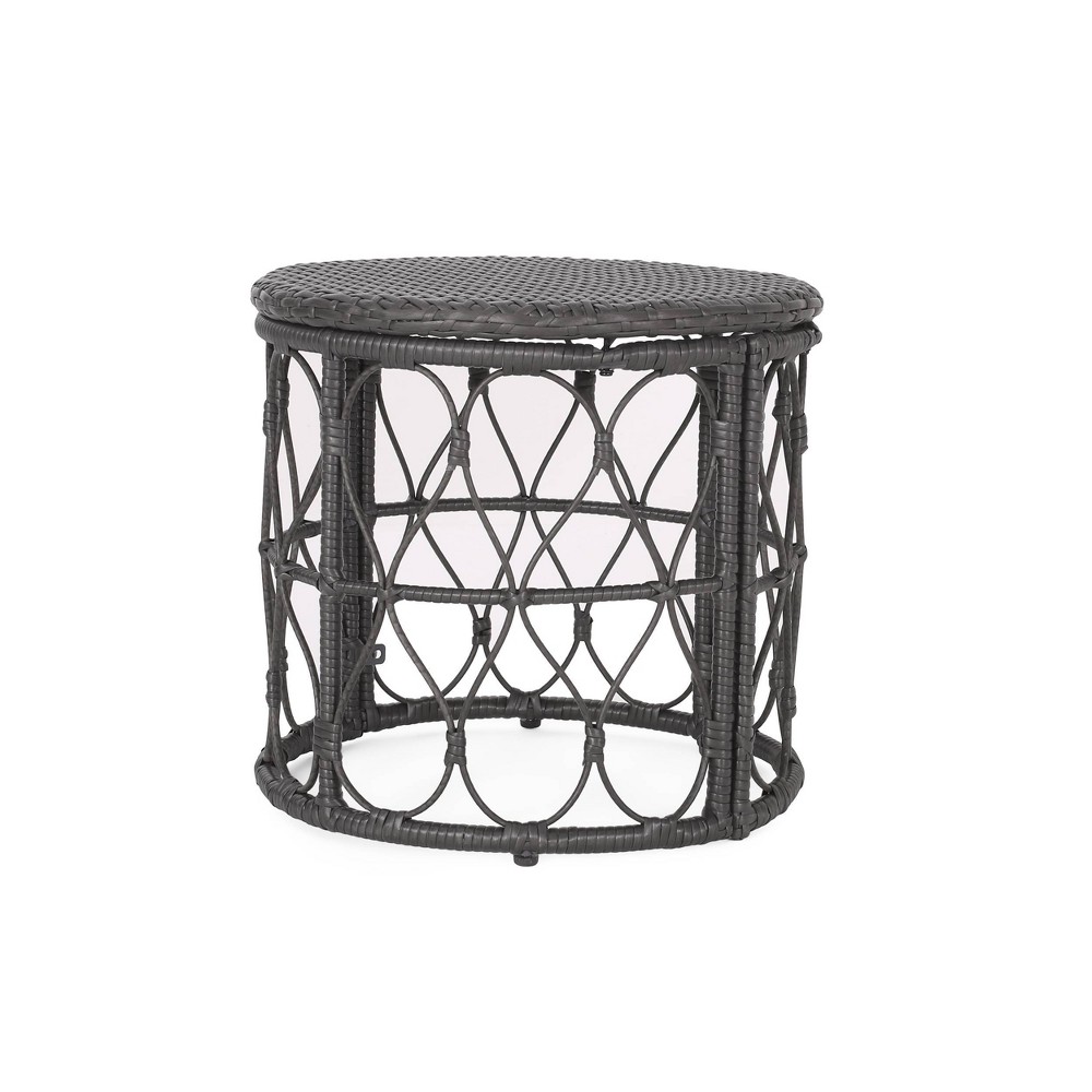 Photos - Garden Furniture Bruce Outdoor Round Wicker Side Table Gray: Bohemian Style, Water-Resistan